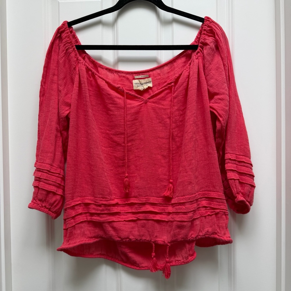 DENIM & SUPPLY RALPH LAUREN RL BOHO OVERSIZED PEASANT 3/4 SLEEVE SHIRT CORAL XS